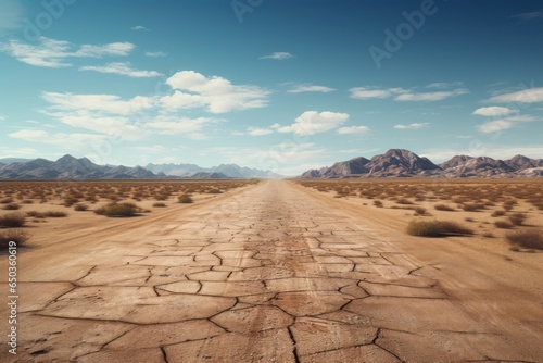 A dirt road stretching through the middle of a desert. This image can be used to depict a remote and isolated location.