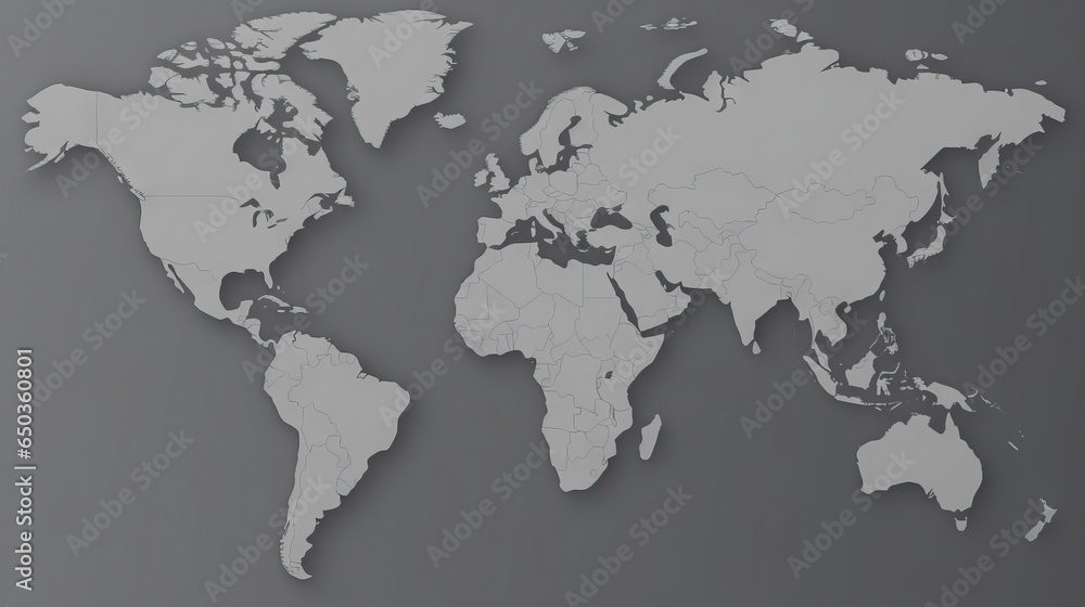  a map of the world on a gray background with a shadow.  generative ai