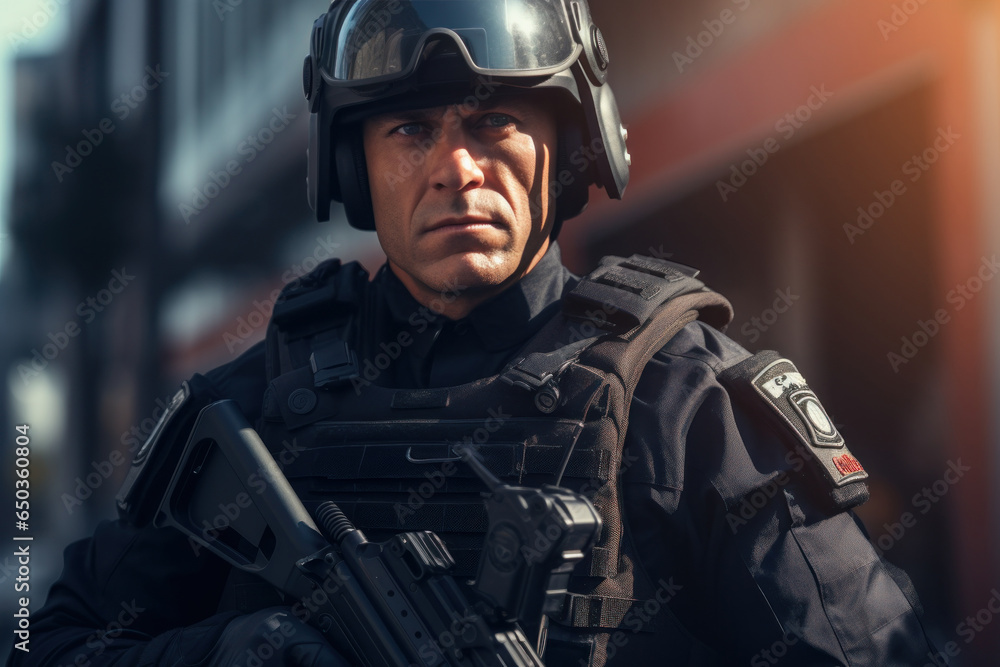 A man in a police uniform holding a gun. Suitable for crime-related themes and law enforcement concepts. A man in a police uniform holding a gun. Suitable for crime-related themes and law enforcement concepts.