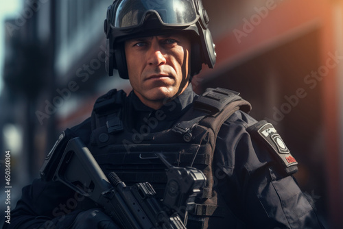 A man in a police uniform holding a gun. Suitable for crime-related themes and law enforcement concepts.