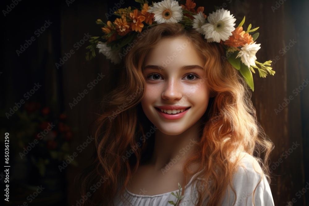 A girl wearing a flower crown on her head. This image can be used for various purposes, such as fashion, beauty, summer, festivals, and boho-themed designs. A girl wearing a flower crown on her head. This image can be used for various purposes, such as fashion, beauty, summer, festivals, and boho-themed designs.