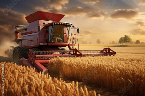 A red combiner harvesting wheat in a picturesque field at sunset. Perfect for agricultural and farming concepts.