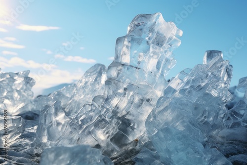 A pile of ice sitting on top of a beach. This image can be used to depict the contrast between cold and warm climates.