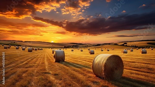  a field full of hay bales under a cloudy sky.  generative ai