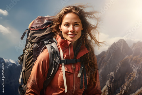 Smiling woman on a mountain top with a backpack
