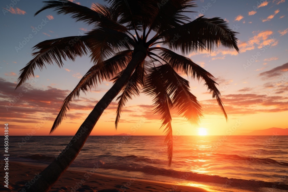 A beautiful palm tree silhouetted against the colorful sunset on the beach. Perfect for travel brochures or tropical-themed designs.