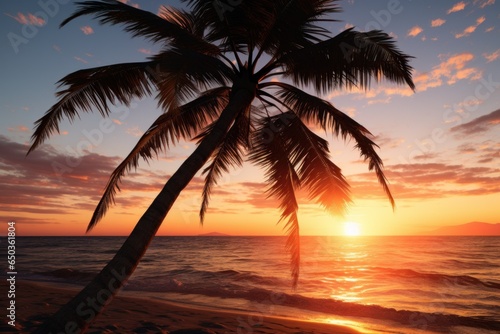 A beautiful palm tree silhouetted against the colorful sunset on the beach. Perfect for travel brochures or tropical-themed designs. © Fotograf