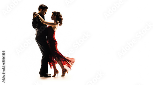 Young couple dancing ballroom dance isolated over white background