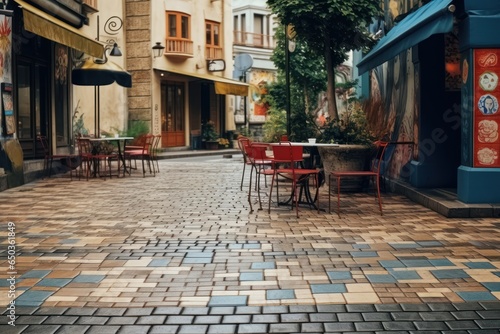 An image of an empty street with tables and chairs in the middle. This picture can be used to depict a quiet outdoor seating area or to represent the concept of an empty city street. © Fotograf