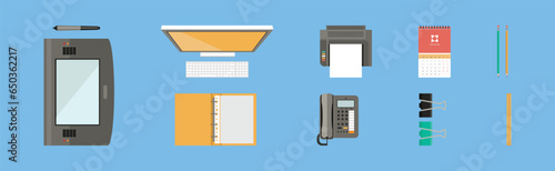 Office Object and Business Workflow Items on Blue Background Vector Set
