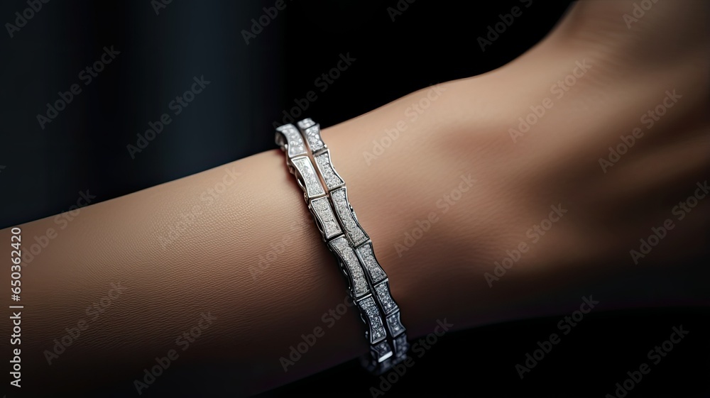 a young woman's hand gracefully adorned with a diamond bracelet, ensuring that the fine details of the jewelry sparkle against a light-toned backdrop. - obrazy, fototapety, plakaty 