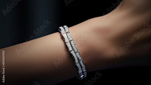 a young woman's hand gracefully adorned with a diamond bracelet, ensuring that the fine details of the jewelry sparkle against a light-toned backdrop. photo