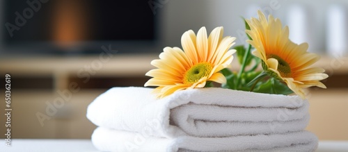 Floral white towel in hotel room