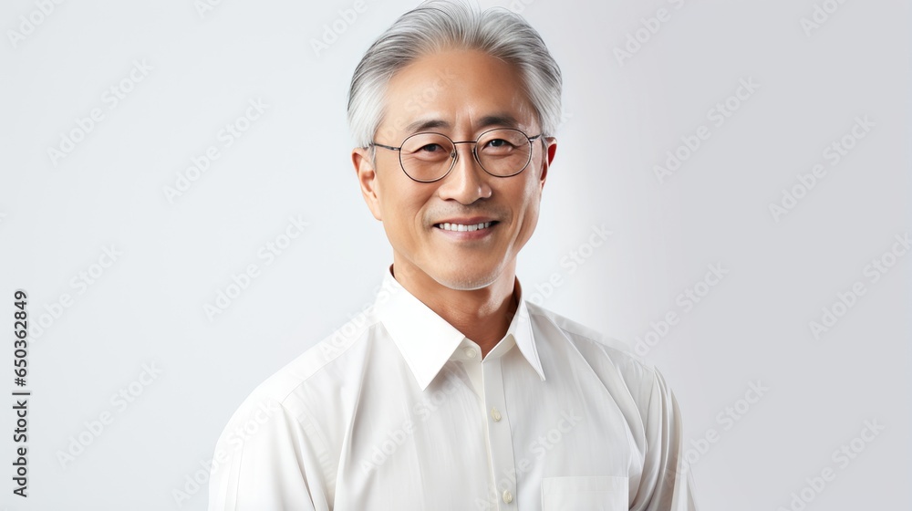sophisticated charm of an Asian senior male model with short white and gray hair, donning exuding confidence sophisticated charm of an Asian senior male model with short white and gray hair, donning exuding confidence