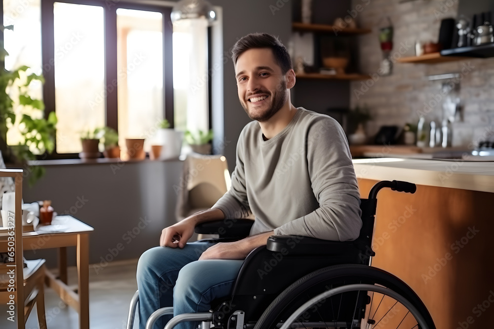 Fototapeta premium Smiling young man sitting in wheelchair 