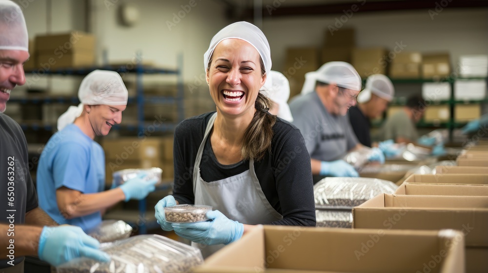 impact of volunteering and donations as a group of dedicated individuals assembles food boxes at a distribution center, bringing hope and support to those in need - obrazy, fototapety, plakaty 