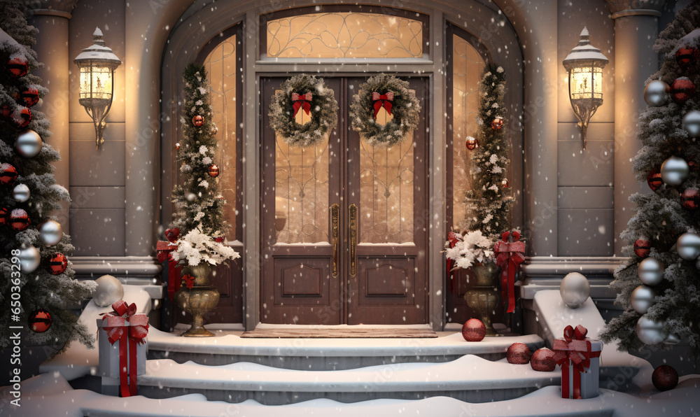 Christmas decorated door, Christmas spruce wreath, snowy fantastic dream. AI digital art