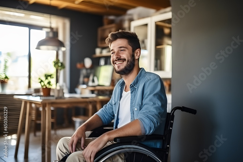 Smiling young man sitting in wheelchair 