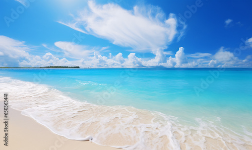 Beautiful beach with white sand, turquoise ocean and blue sky with clouds on a sunny day. Concept for summer travel and vacation. AI generated