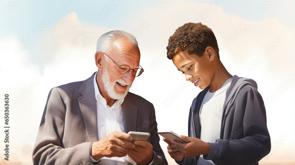 young man patiently guiding an older man in using a smartphone, set in a minimalist interior with light colors, symbolizing the harmonious bridge between generations through technology. young man patiently guiding an older man in using a smartphone, set in a minimalist interior with light colors, symbolizing the harmonious bridge between generations through technology.