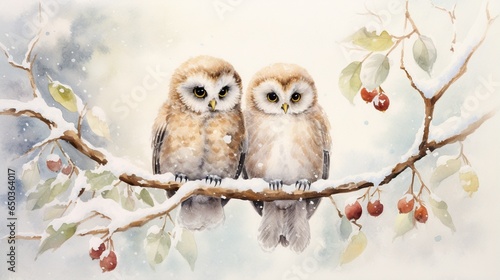  two owls sitting on a branch with berries on the branch. generative ai