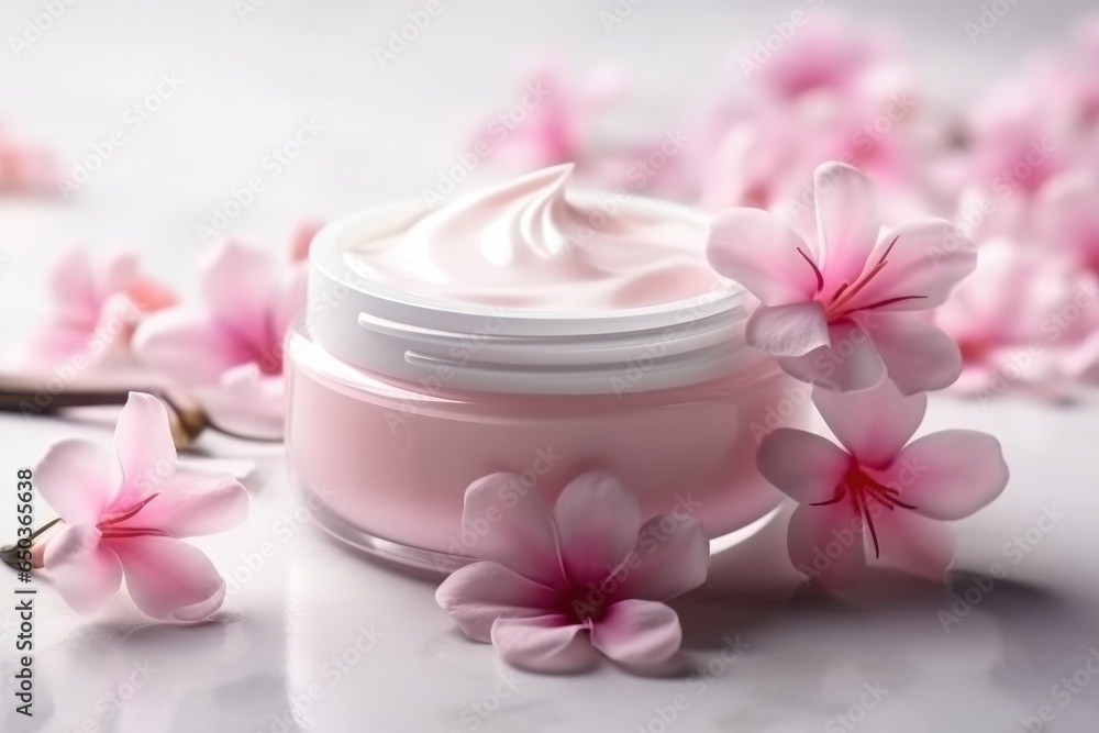 Anti wrinkle cosmetic cream with herbal flowers face, skin and body care hygiene moisture lotion wellness therapy mask in glass jar Anti wrinkle cosmetic cream with herbal flowers face, skin and body care hygiene moisture lotion wellness therapy mask in glass jar
