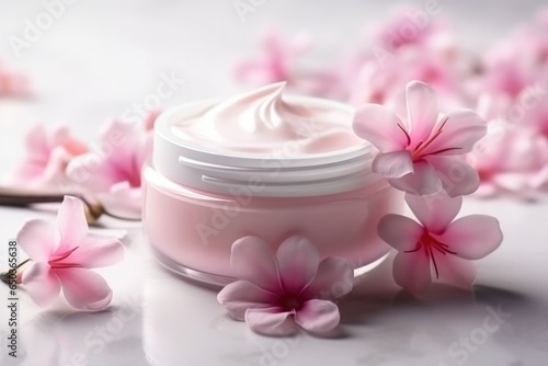 Anti wrinkle cosmetic cream with herbal flowers face, skin and body care hygiene moisture lotion wellness therapy mask in glass jar