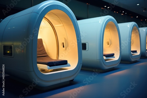 Airport sleeping pods futuristic interior design. Capsule hotel rooms.