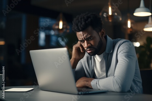 Black guy using laptop. Sad frustrated man working from home on blue Monday. Depressing day. Burn out and stress at workplace. Mental health awareness.