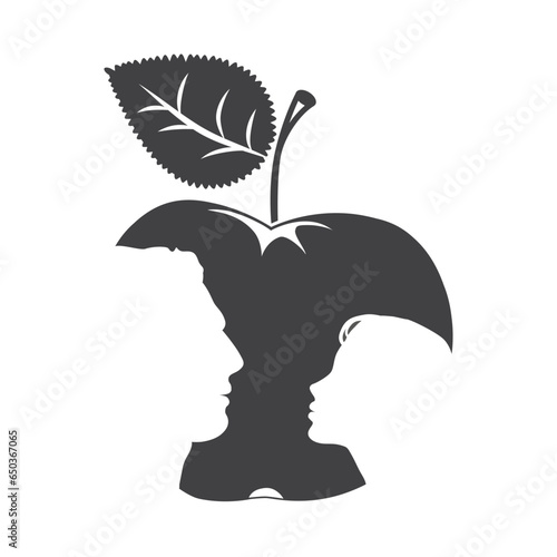 Male and female profile on apple background, symbol of temptation, betrayal icon, two faces looking at each other. Vector conceptual illustration