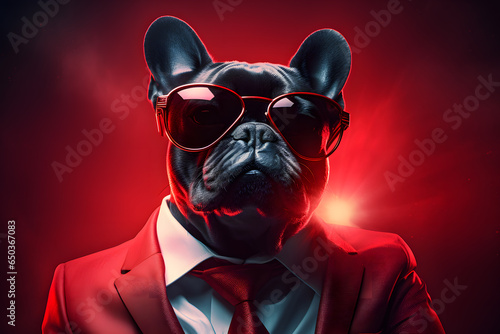 French bulldog wearing sunglasses and a redsuit photo