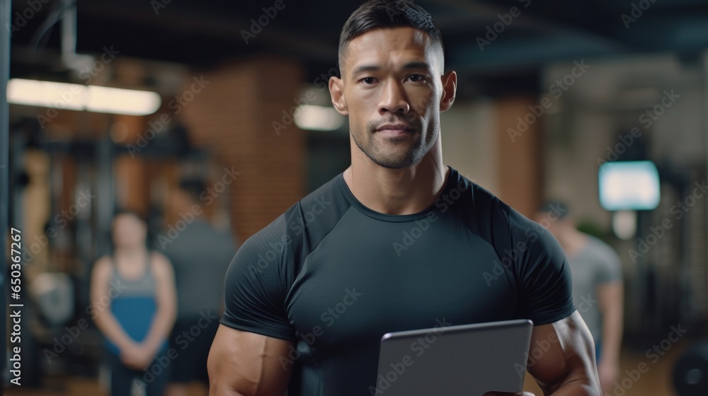 Fitness, clipboard and portrait of a personal trainer in the gym working on a training schedule. Confidence, happy and male athlete writing a workout or exercise plan for wellness in a sports center. Fitness, clipboard and portrait of a personal trainer in the gym working on a training schedule. Confidence, happy and male athlete writing a workout or exercise plan for wellness in a sports center.