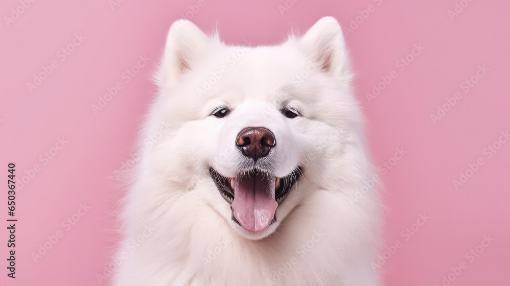 Cute and happy Samoyed dog on color background.