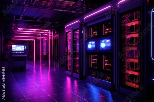 server room with blue neon lights. Technology  cocncept. © Dina