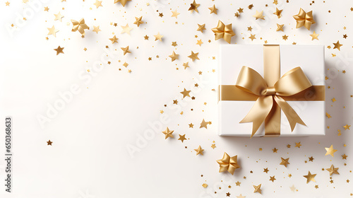 Gold bow gift box on white background