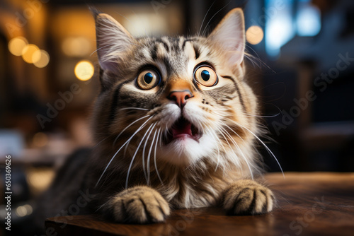 Hilarious shocked cat, wide-open mouth expressing sheer terror, a comical and emotionally stirring animal image inducing laughter and empathy. photo