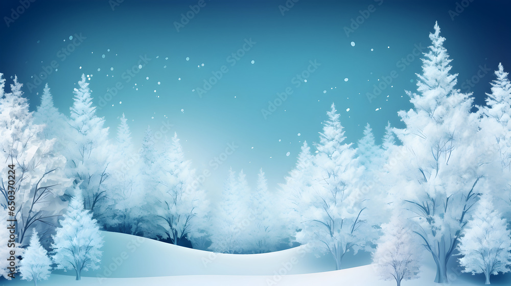 The forest covered in white snow, snowflakes drifting in the air, against a blue background. Christmas and New year greeting card design.