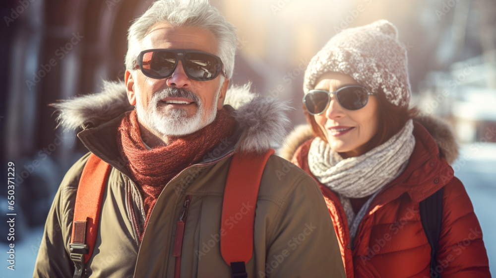 Elderly couple travel in winter together. Outdoor travel fashion. Close-up. Banner Elderly couple travel in winter together. Outdoor travel fashion. Close-up. Banner