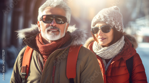 Elderly couple travel in winter together. Outdoor travel fashion. Close-up. Banner