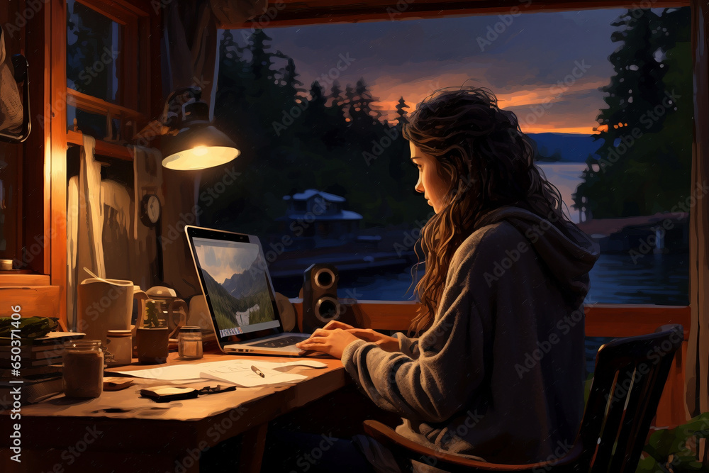 Young woman works on a computer in her rustic, well-lit tiny house. Young woman works on a computer in her rustic, well-lit tiny house.