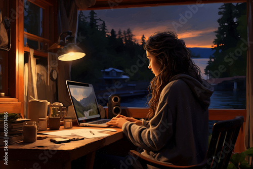 Young woman works on a computer in her rustic, well-lit tiny house.