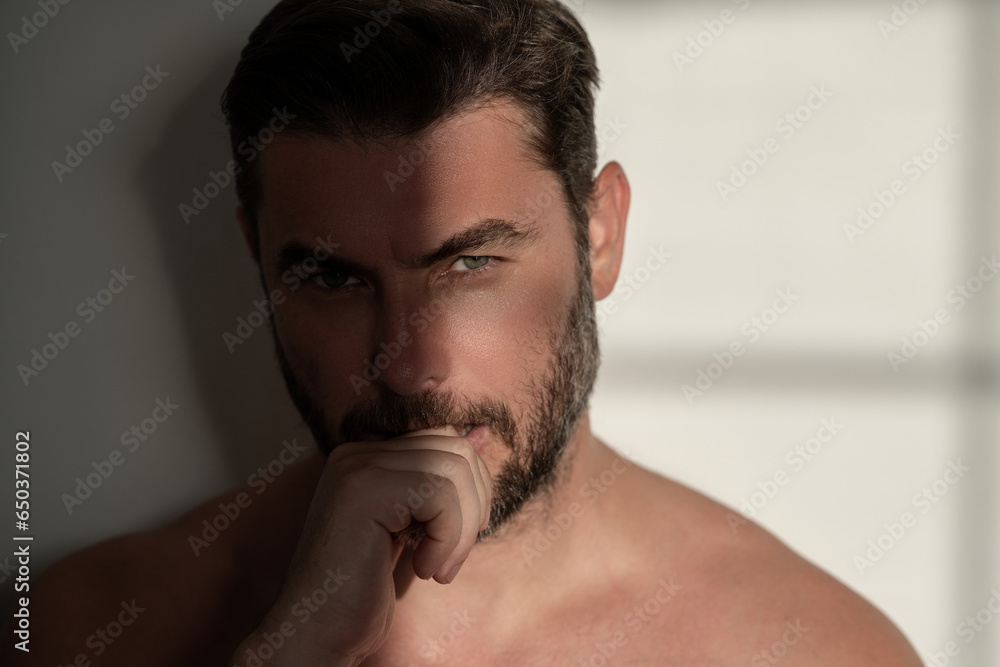 Fototapeta premium Man cosmetic, skin treatment on studio background. Hygiene and face. Matural mens cosmetics and wellness. Beauty and skincare. Wellness, healthcare and morning hygiene.