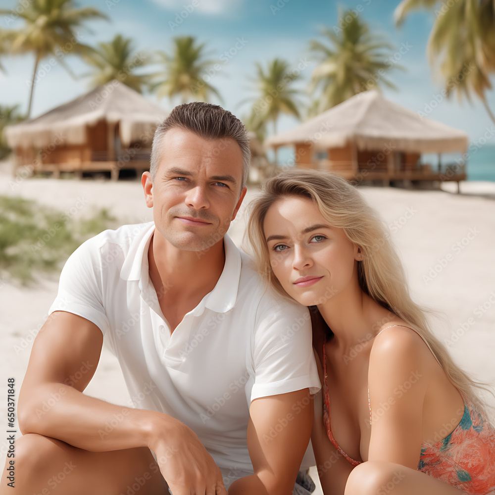Hombre y mujer en una playa con palmeras cabañas turísticas y el mar de fondo Hombre y mujer en una playa con palmeras cabañas turísticas y el mar de fondo
