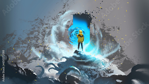 man in a yellow hood opening a portal on the mountaintop, digital art style, illustration painting