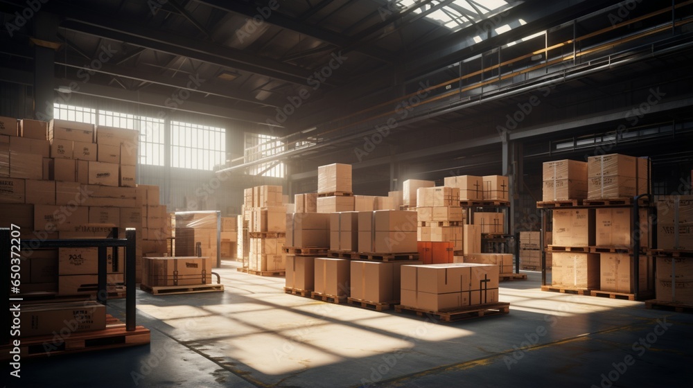 A warehouse full of boxes and pallets. A warehouse full of boxes and pallets.