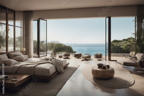 Luxury villa with terrace and floor to ceiling panoramic window with amazing sea view Interior design