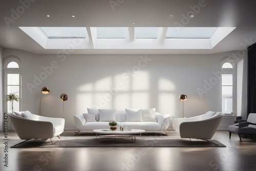 Vaulted ceiling in room with two white sofas and armchairs Interior design of modern living room