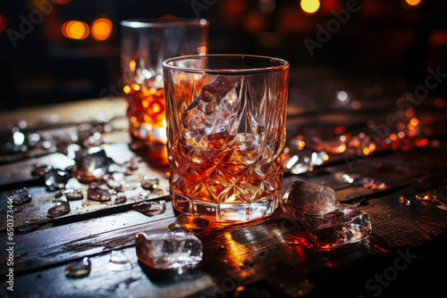 Invitingly fresh whiskey glass on table, brimming with ice cubes and water splashes – embodies spontaneity for spirits connoisseurs.