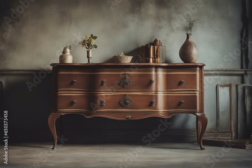 Ancient vintage classic dresser near dilapidated wall Retro grunge home interior design