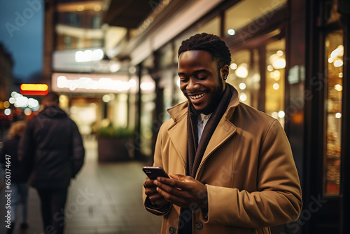 Focused black entrepreneur engages with smartphone in city-based business portrait.